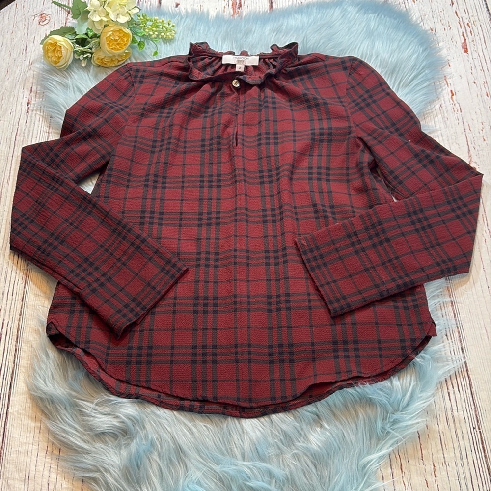THAKOON Plaid Ruffle Neck Top sz XS